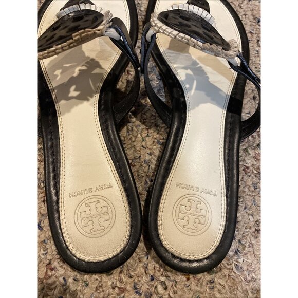 Tory Burch Miller Fringe Flip Flop Thong Sandal Black and White Size: 8M - Picture 4 of 7